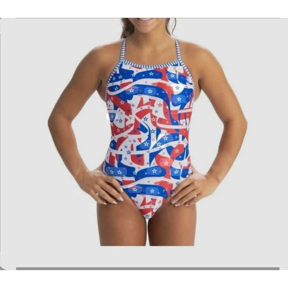 Dolphin Women's Uglies Multicolor Star Salute V-back 1 Piece Swim Sz 38 New